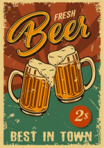 Affiche vintage représentant des chopes de bière colorées