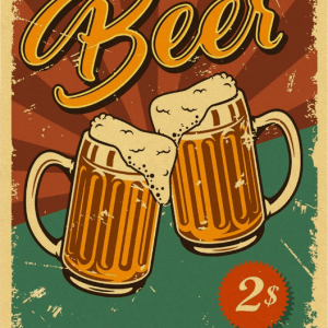 Affiche vintage représentant des chopes de bière colorées