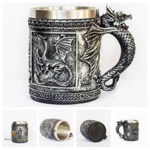 Chope de bière argent avec dragon volant décoratif