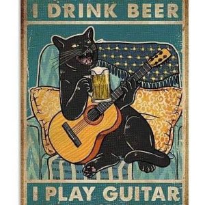Plaque métal chat avec bière et guitare pour décoration